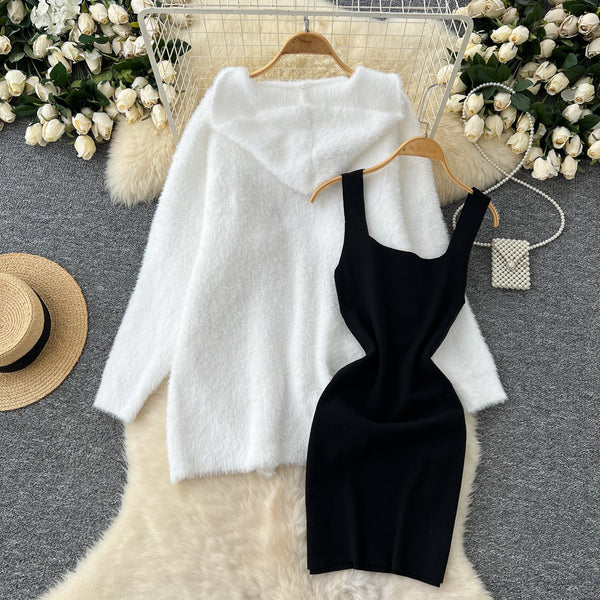 Black Vest Dress&White Cardigan 2Pcs