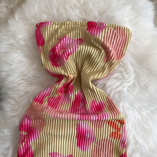 Off-shoulder Floral Print Pleated Dress