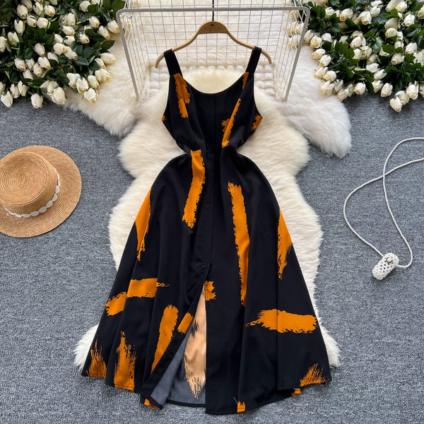 Vintage Printed Split Slip Dress