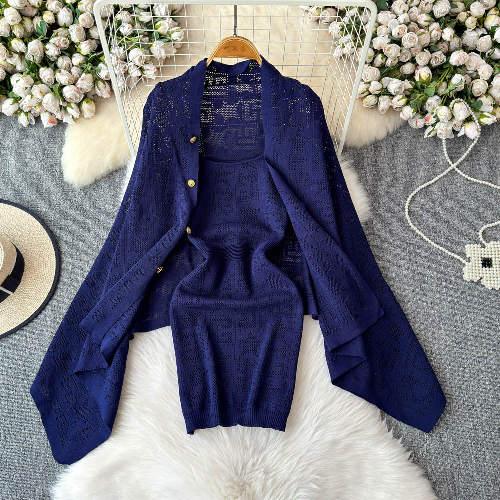 Loose Shawl&Slip Dress Embroidered 2Pcs