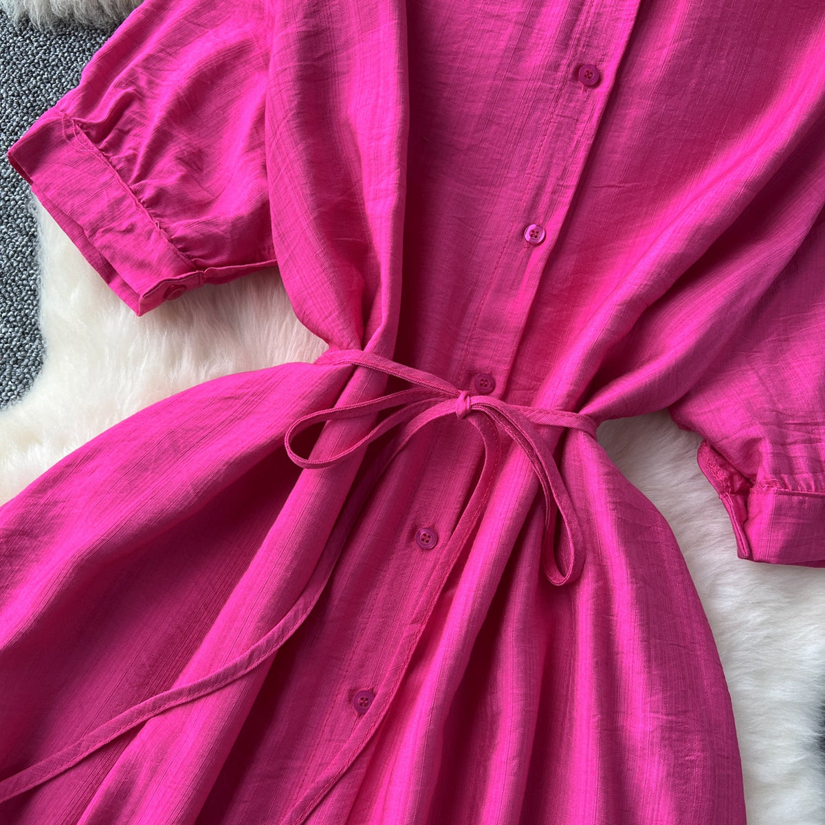 Vintage Solid Color Ruffled Shirt Dress