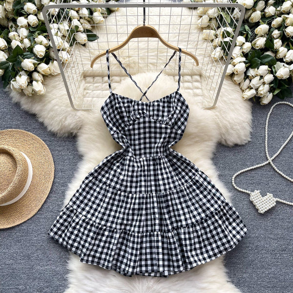 Sweetie Plaid Hollowed Halter Dress