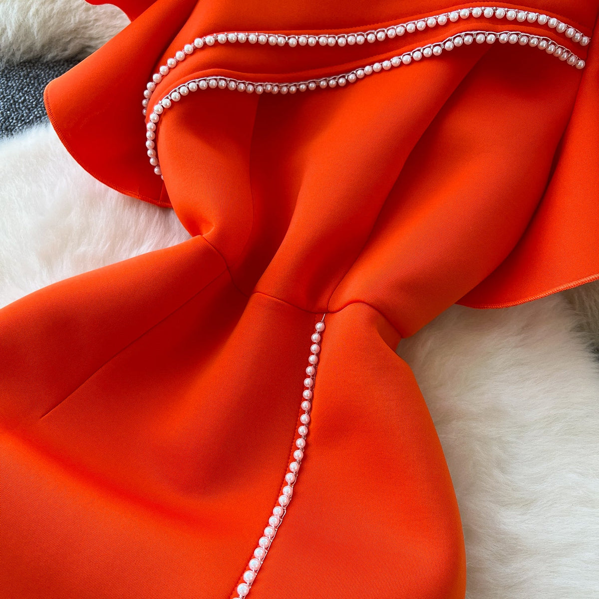 Ruffled Sleeve Sequined Orange Dress