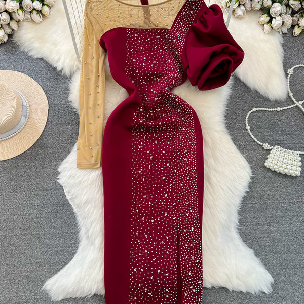 Irregular Design Beaded Mesh Patchwork Dress