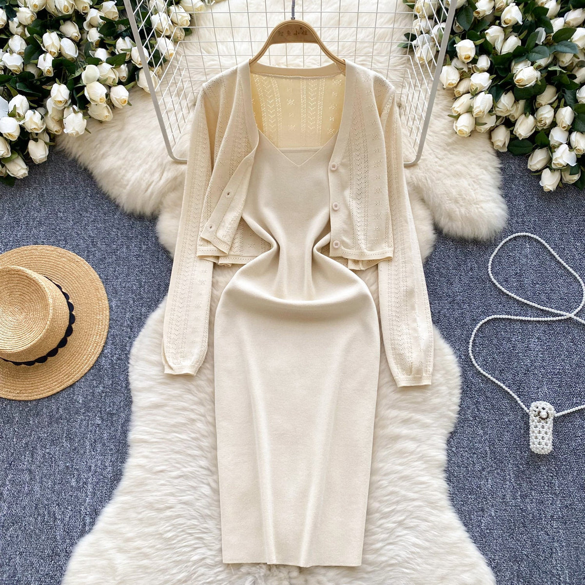 Cardigan&Slip Dress Solid Color 2Pcs