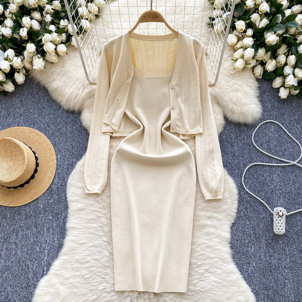 Cardigan&Slip Dress Solid Color 2Pcs
