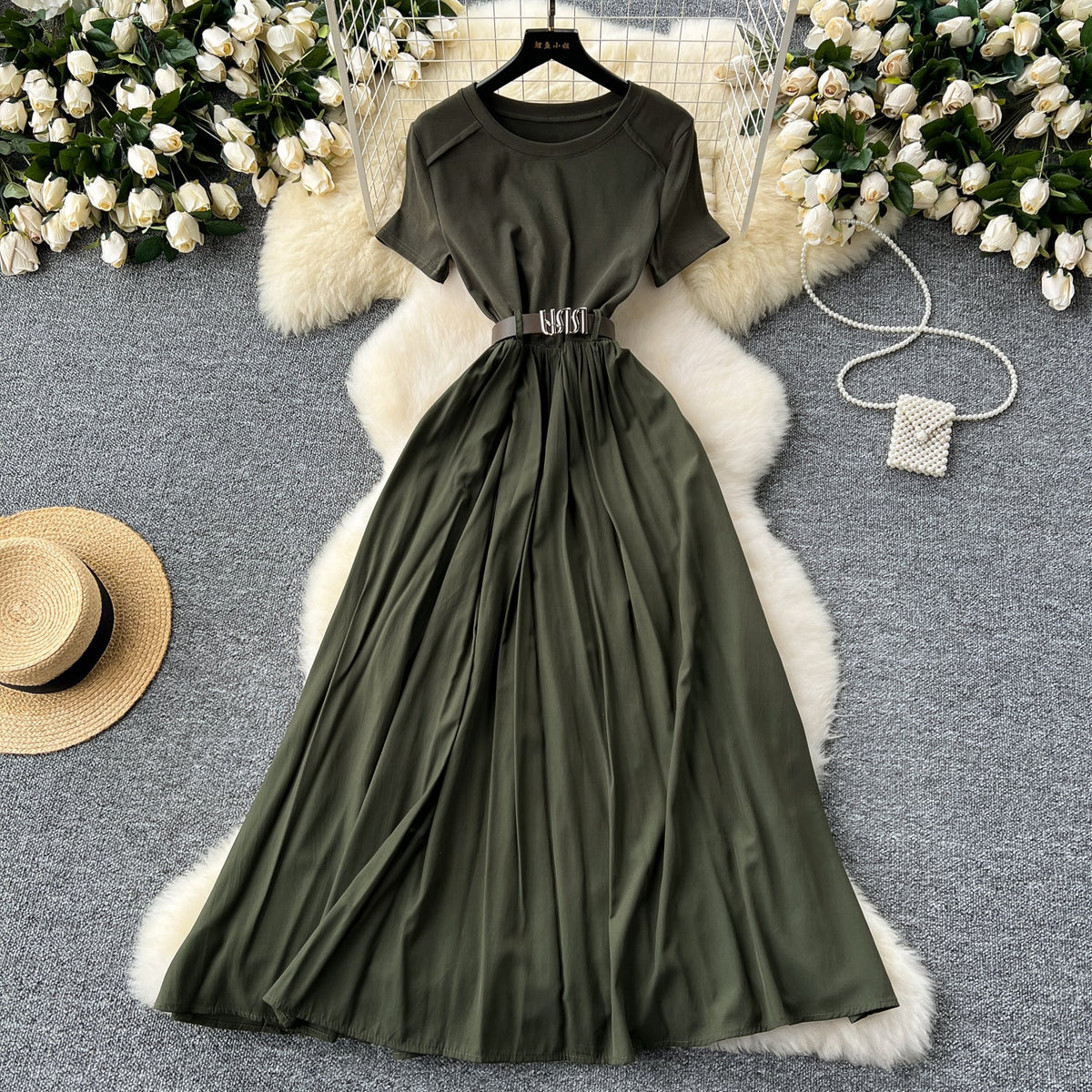 Round Collar Draped Patchwork Dress