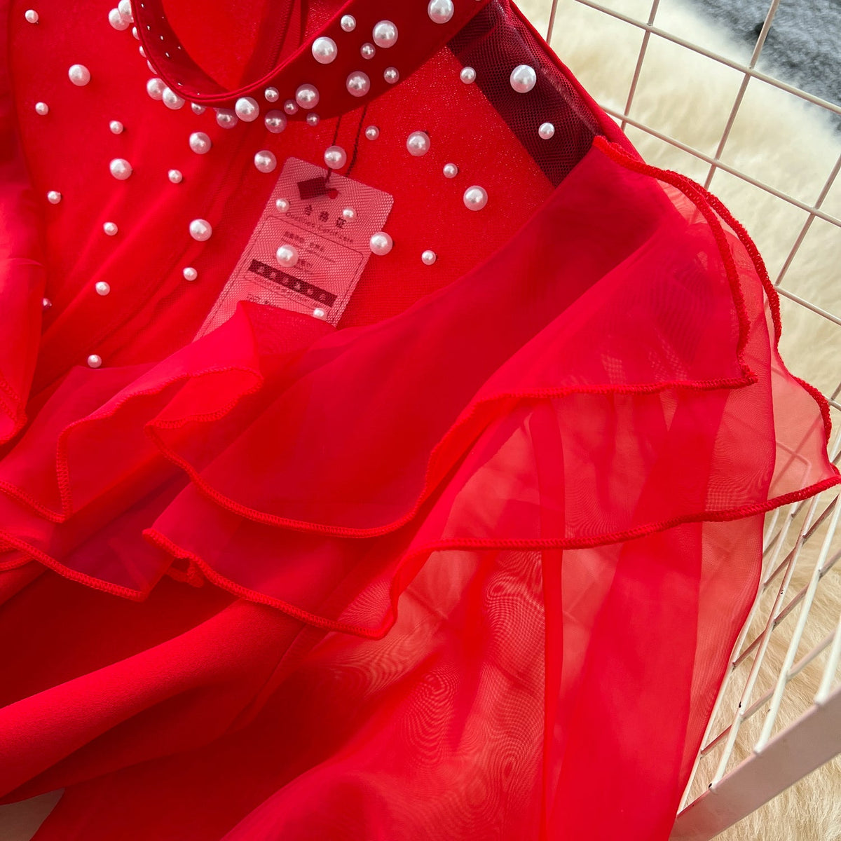 Rhinestone Studded Ruffled Mesh Dress