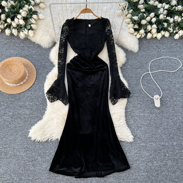 Square Neckline Black Embroidered Lace dress