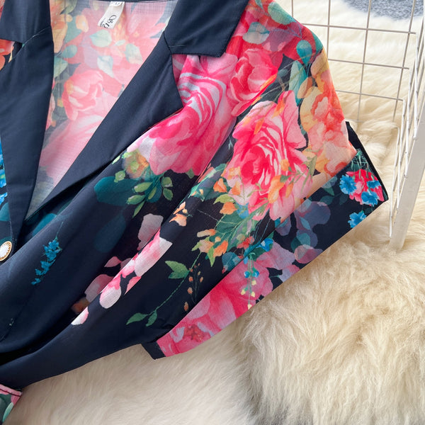 Vintage Colorful Floral Lapel Dress