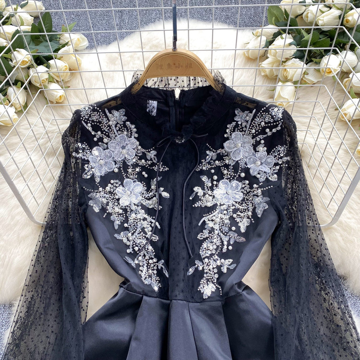 Beaded Mesh Embroidered Black Dress