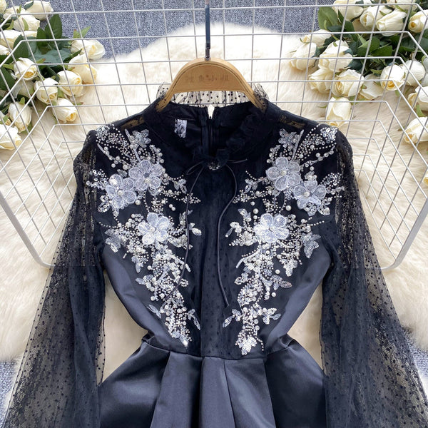 Beaded Mesh Embroidered Black Dress