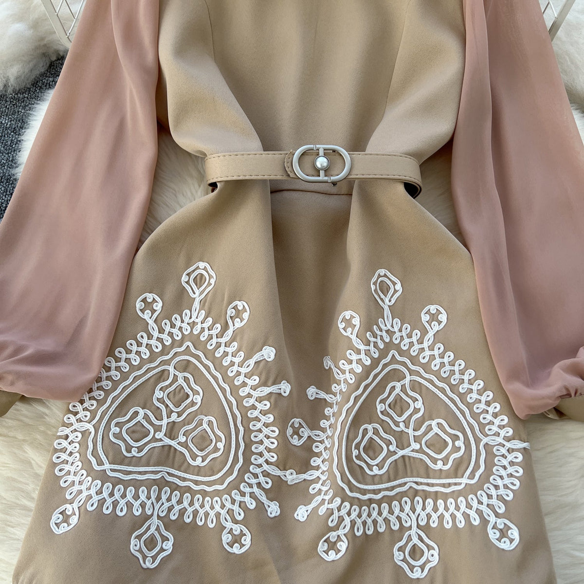 Round Collar Embroidered Patchwork Dress