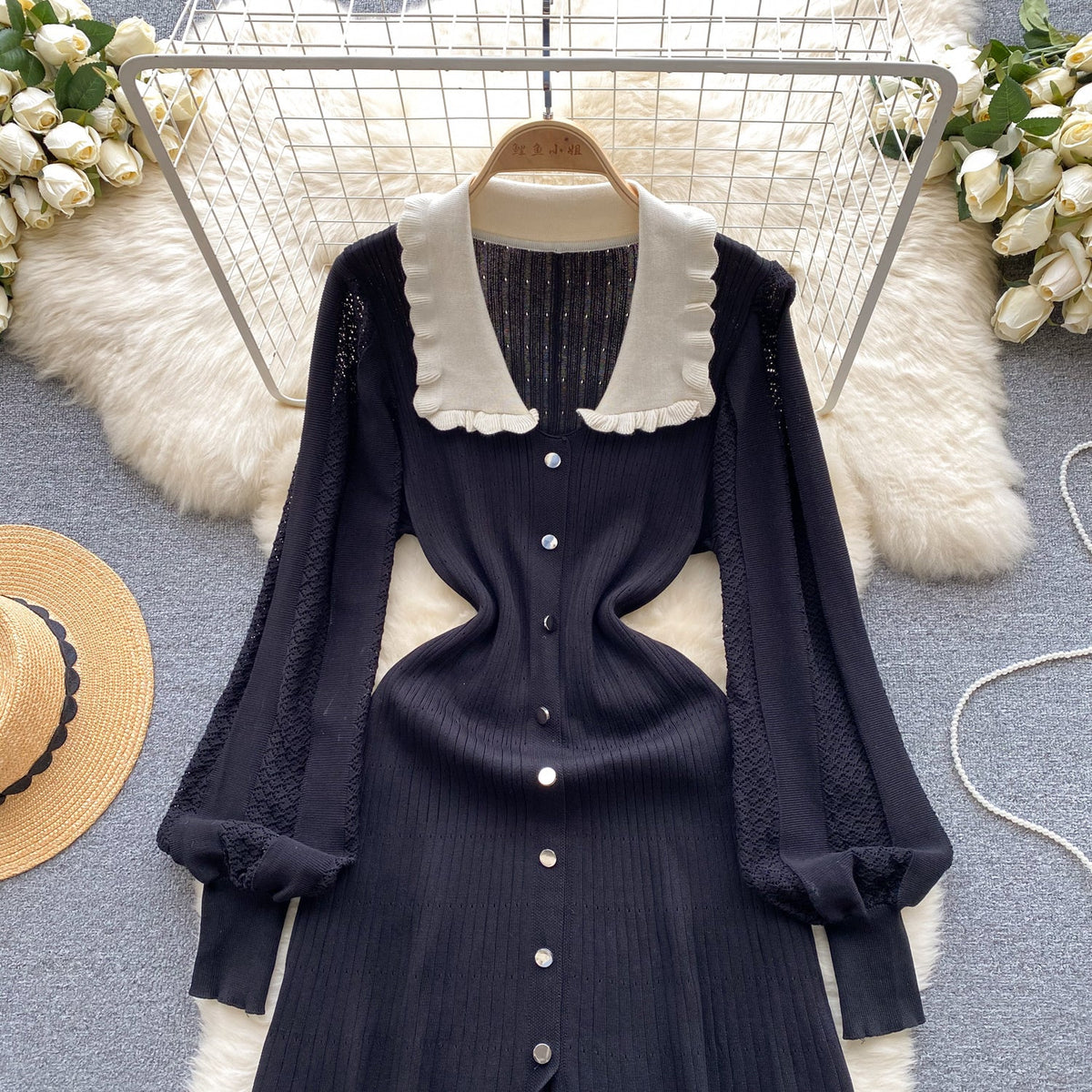 Doll Collar Black Knitted Shirt Dress