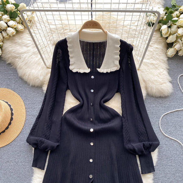 Doll Collar Black Knitted Shirt Dress