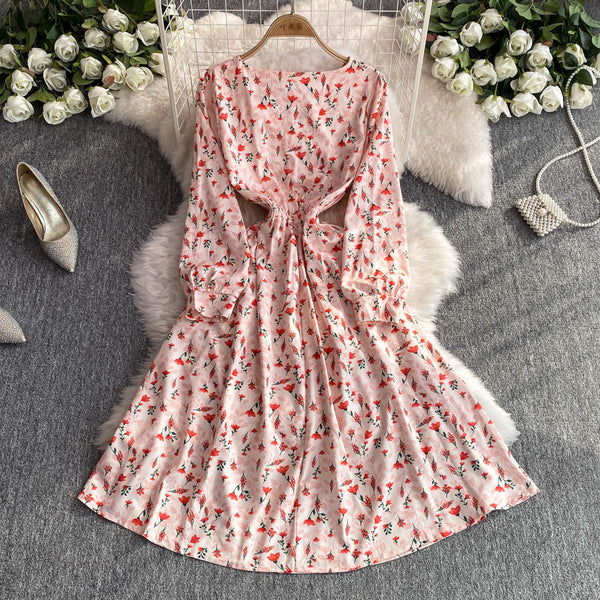 French Style Pink Floral Printed Dress