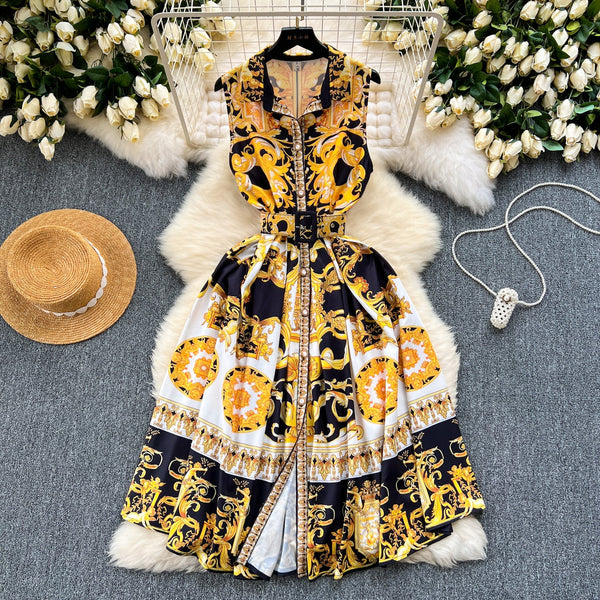 Courtly Sleeveless Lapeled Floral Dress