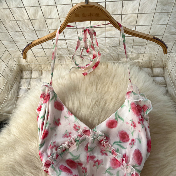 Irregular Design Fairy Floral Halter Dress