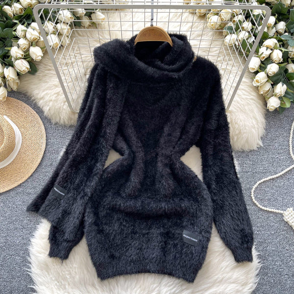 Furry Knitted Dress with Scarf