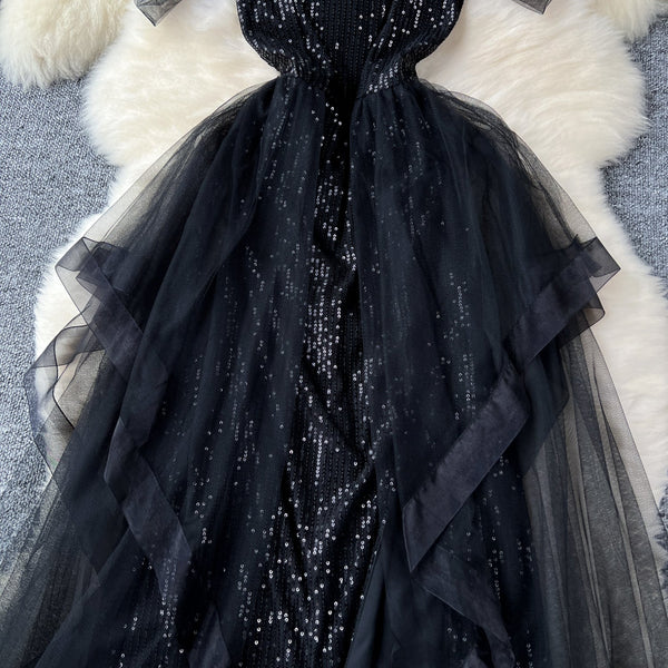 Elegant Black Mesh Sequined Slip Dress