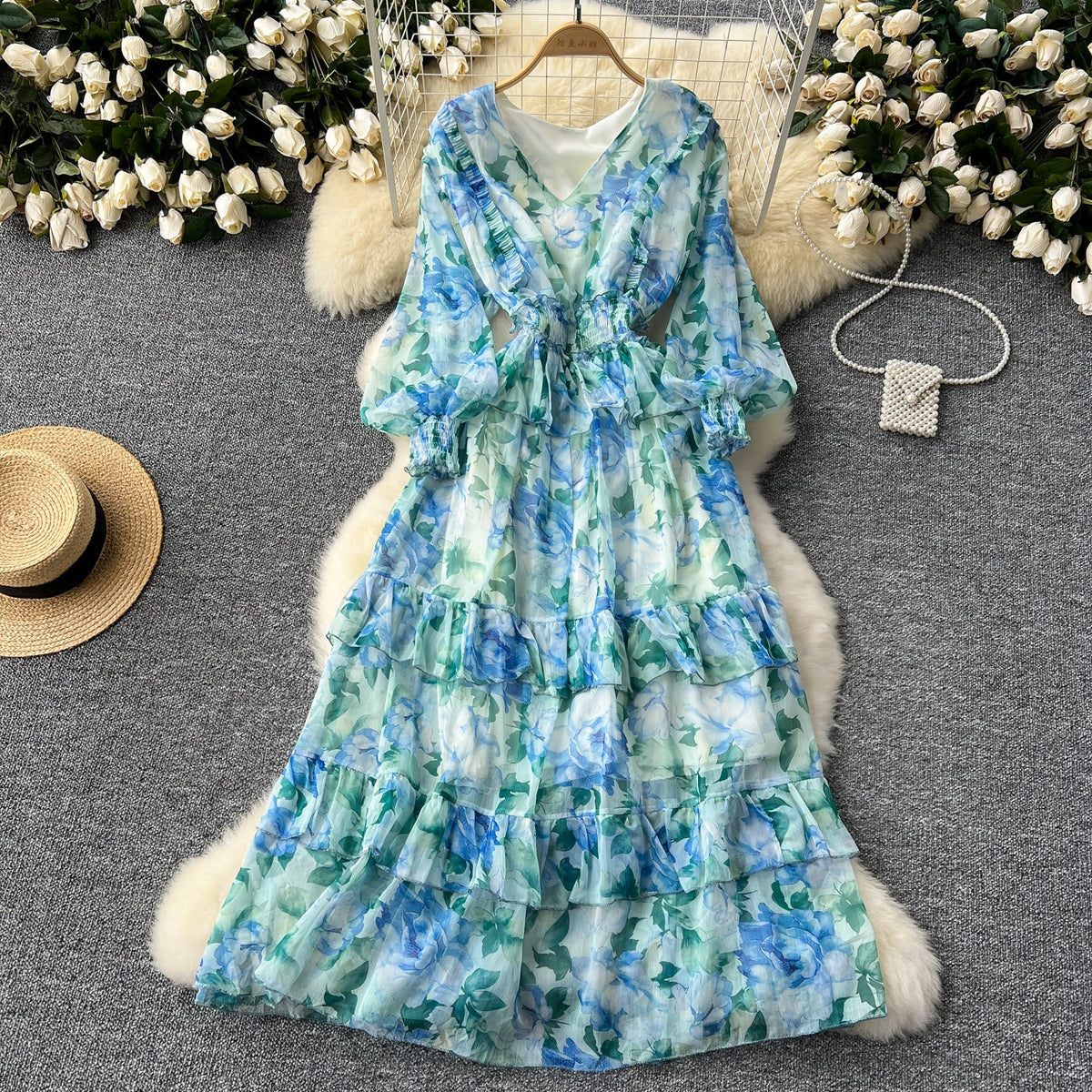 French Style V-neck Floral Chiffon Dress