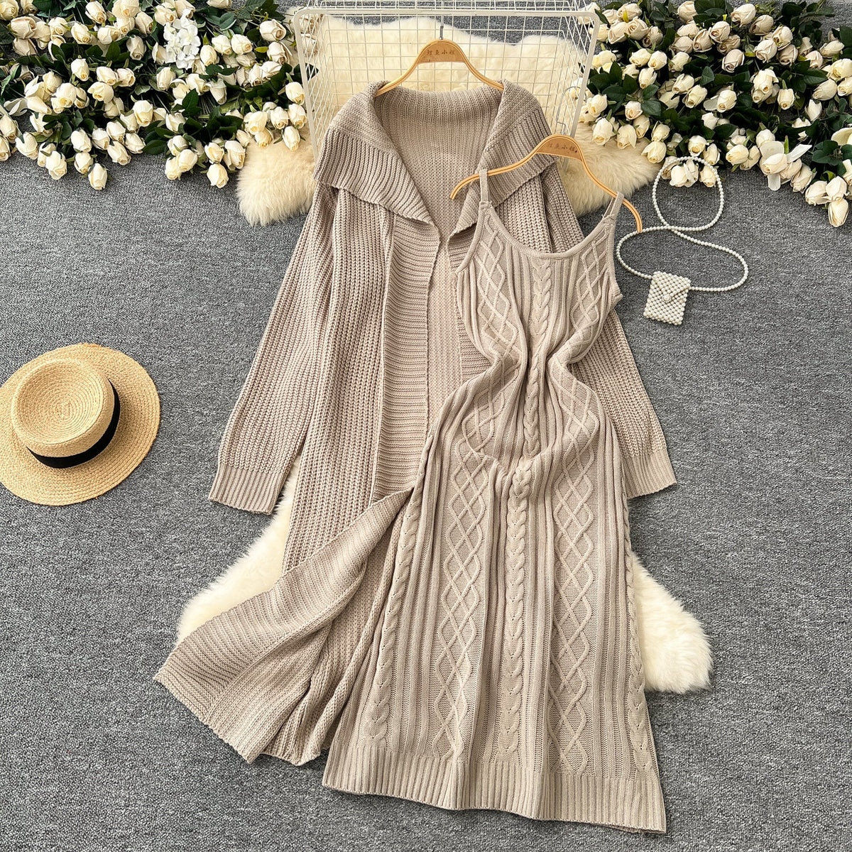 Lapel Cardigan&Slip Dress Knitted 2Pcs