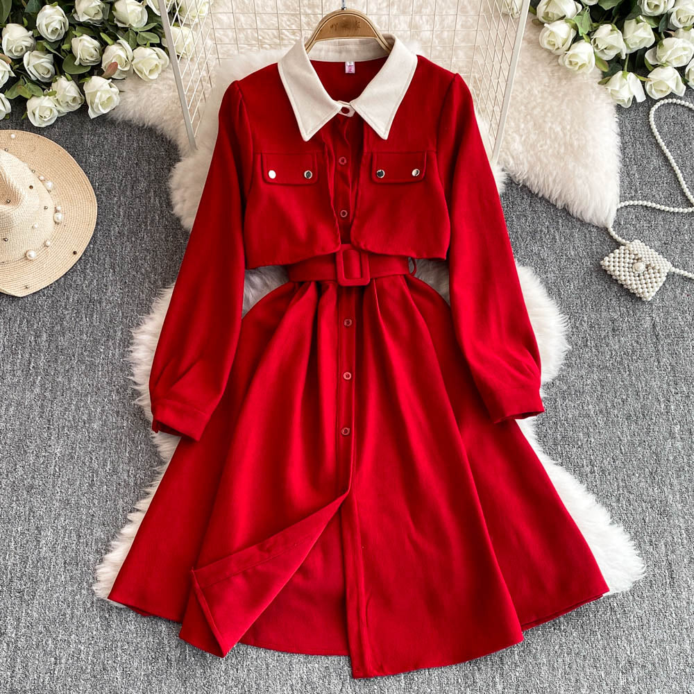 Faux Two-pieces Shirt Dress with Belt