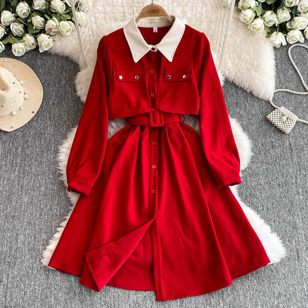 Faux Two-pieces Shirt Dress with Belt
