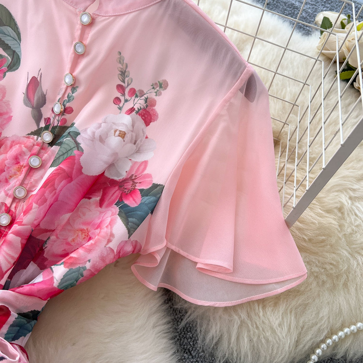 Lace-up Floral Printed Chiffon Dress