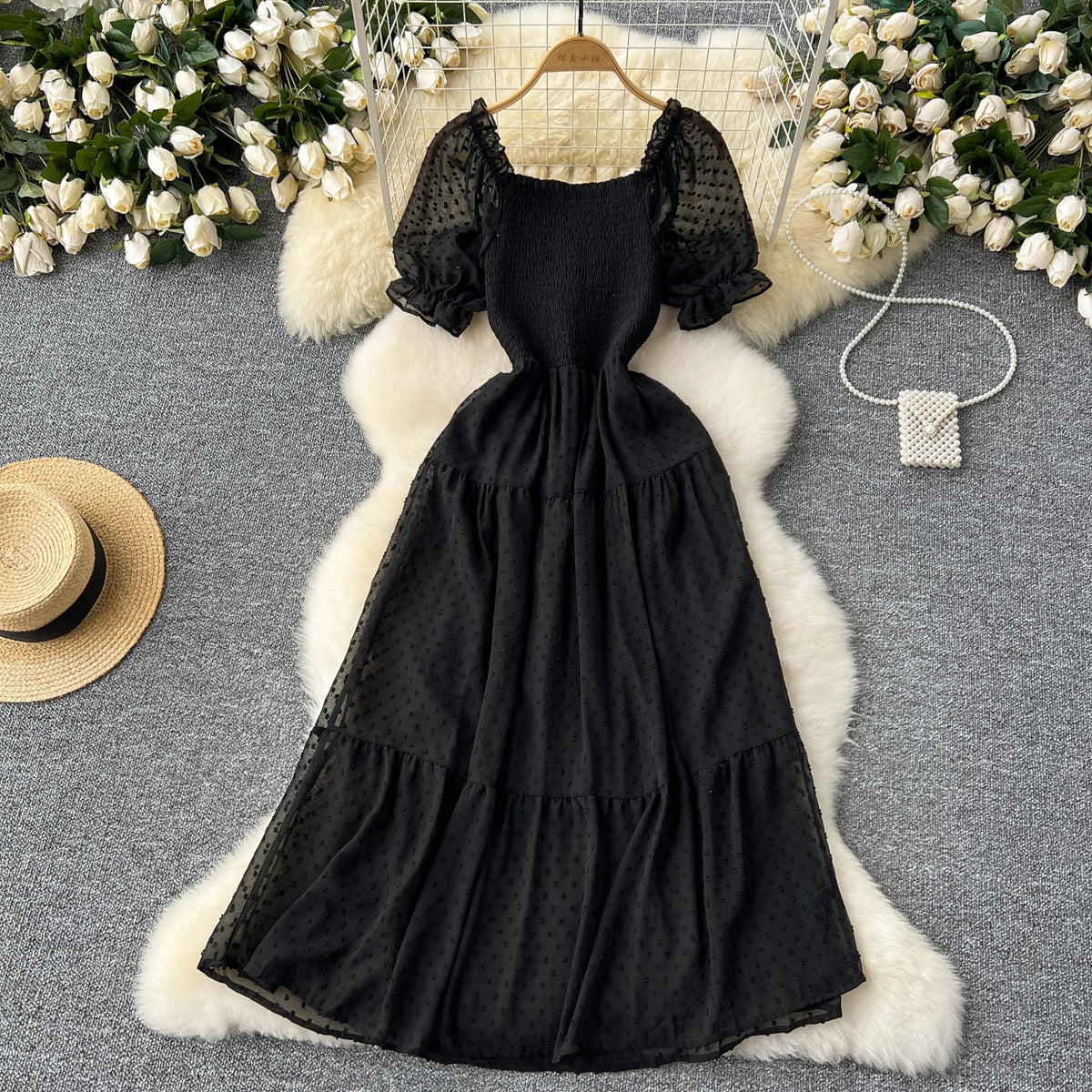 Solid Color Puffy Sleeve Ruffled Dress