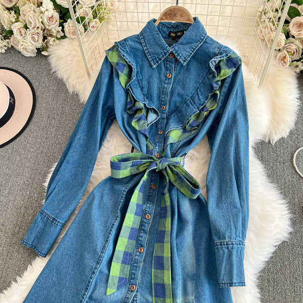 Niche Plaid Patchwork Denim Dress