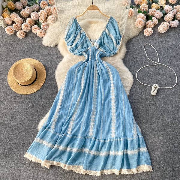 French Style Lace Trim Blue Dress