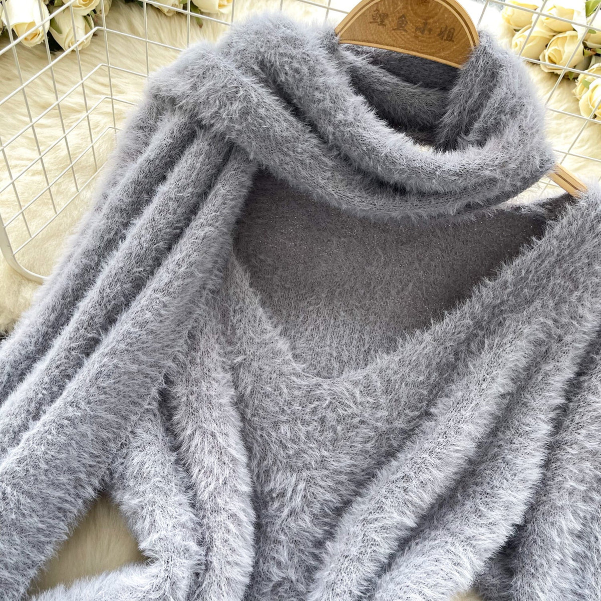 Furry Knitted Dress with Scarf