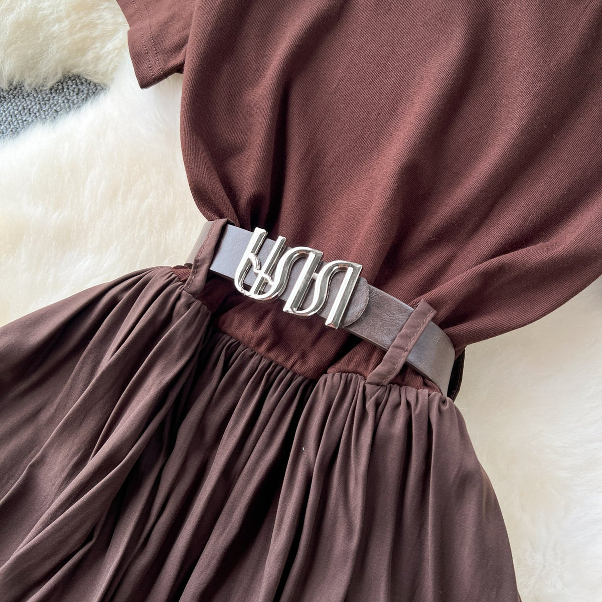Round Collar Draped Patchwork Dress