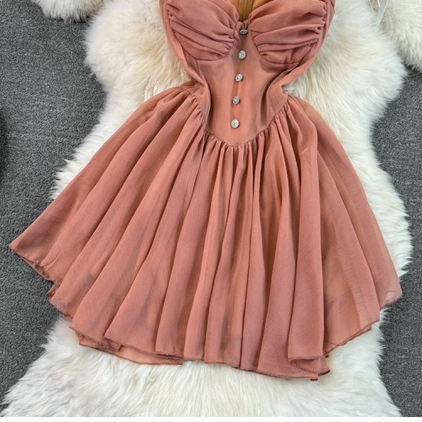 High Waisted Puffy Mesh Halter Dress
