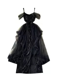 Elegant Black Mesh Sequined Slip Dress