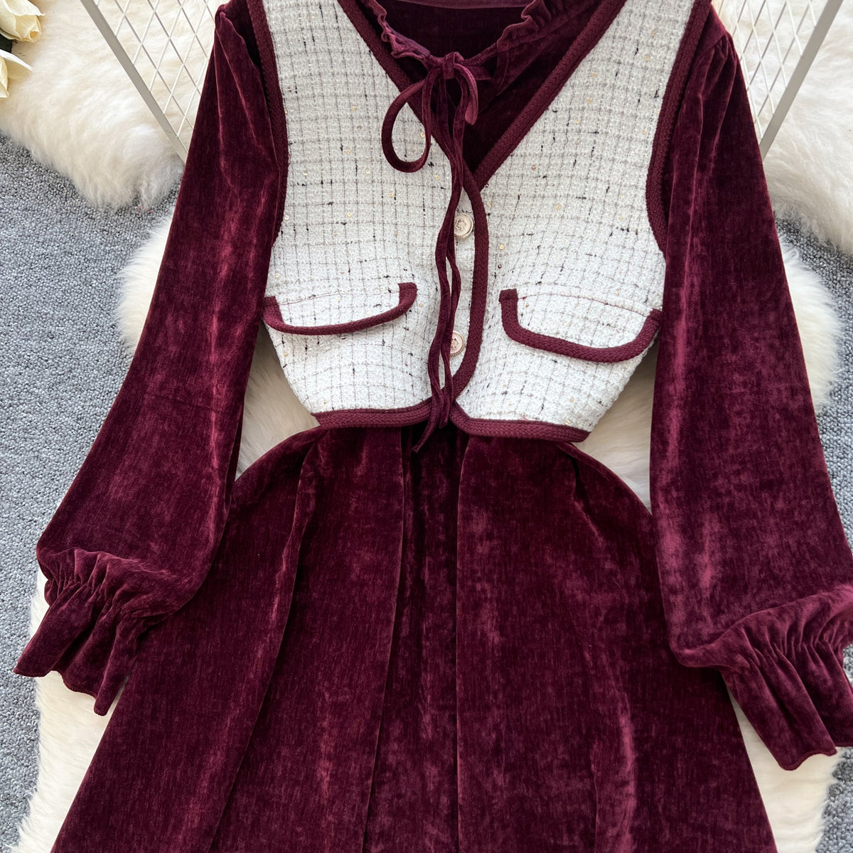 Lace-up Corduroy Dress&Jacquard Vest 2Pcs