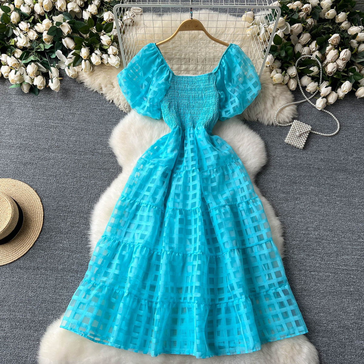 Solid Color Plaid Puffy Dress