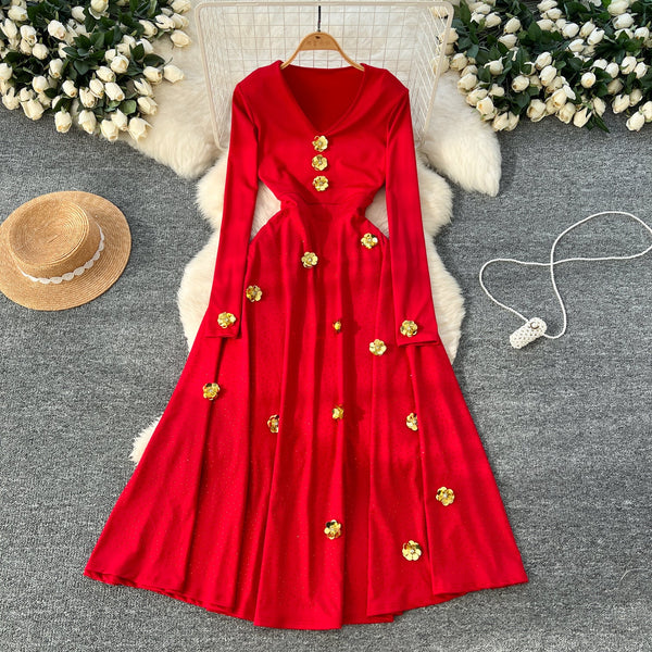Sequin Beaded Floral V-neck Dress