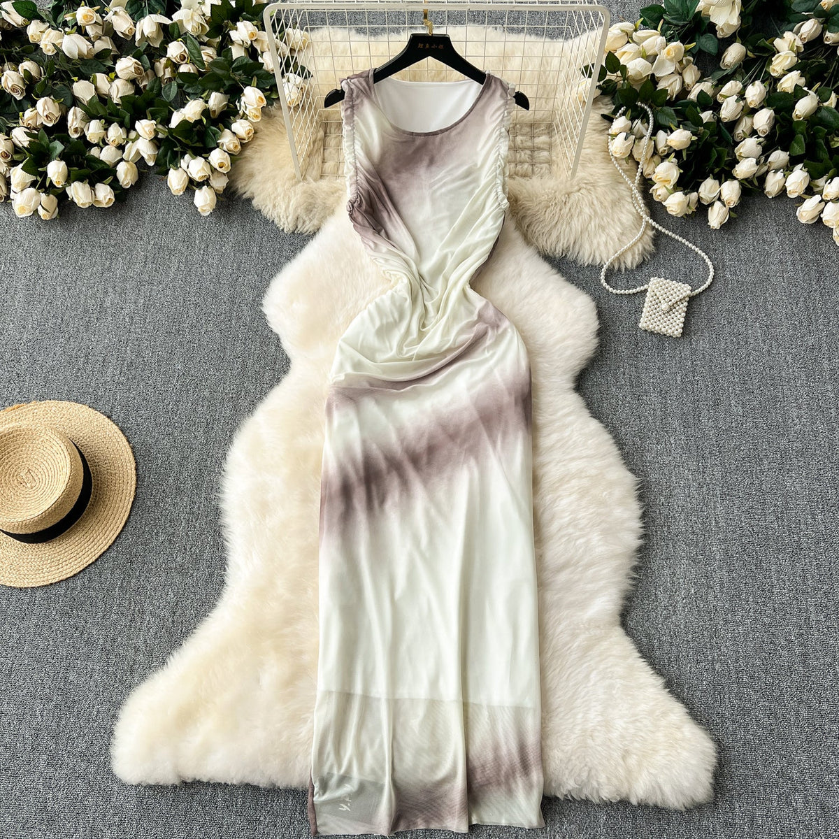 Elegant Tie-dye Pleated Vest Dress