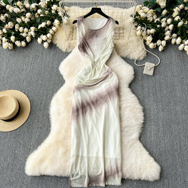 Elegant Tie-dye Pleated Vest Dress