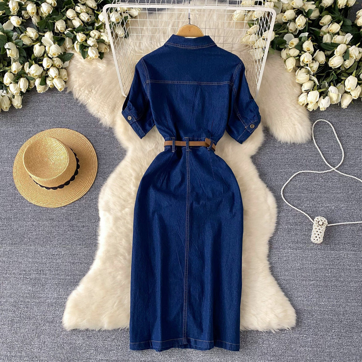 Polo Collar Denim Shirt Dress