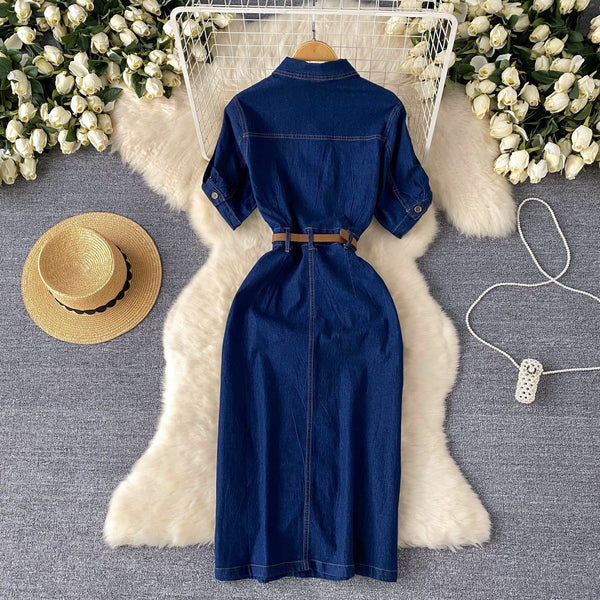 Polo Collar Denim Shirt Dress