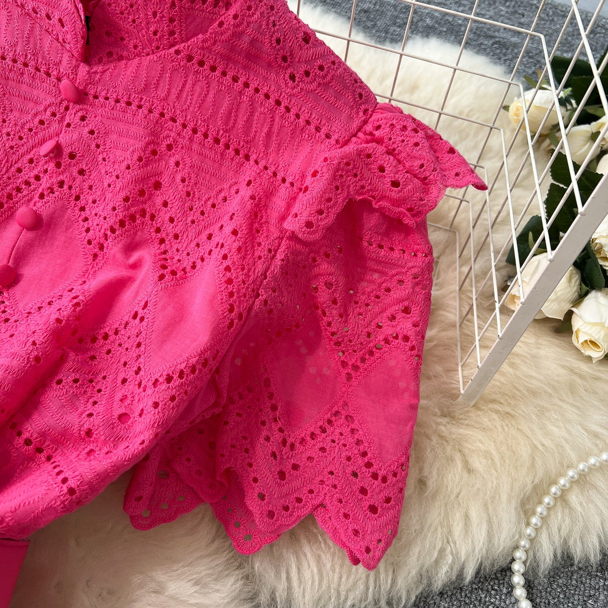 Hollowed Crochet Single-breasted Shirt Dress