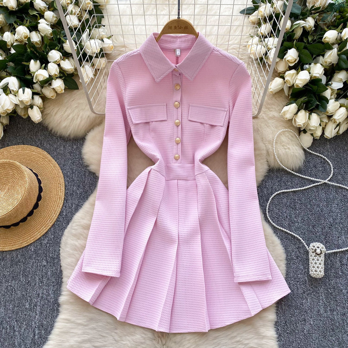 Vintage Lapeled Pleated Shirt Dress