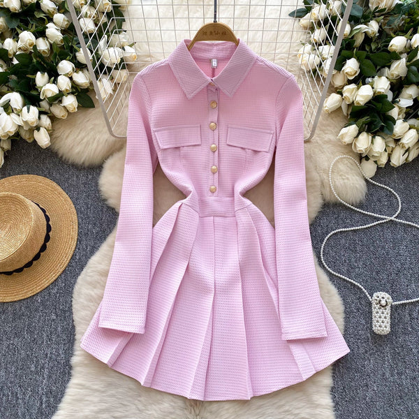 Vintage Lapeled Pleated Shirt Dress