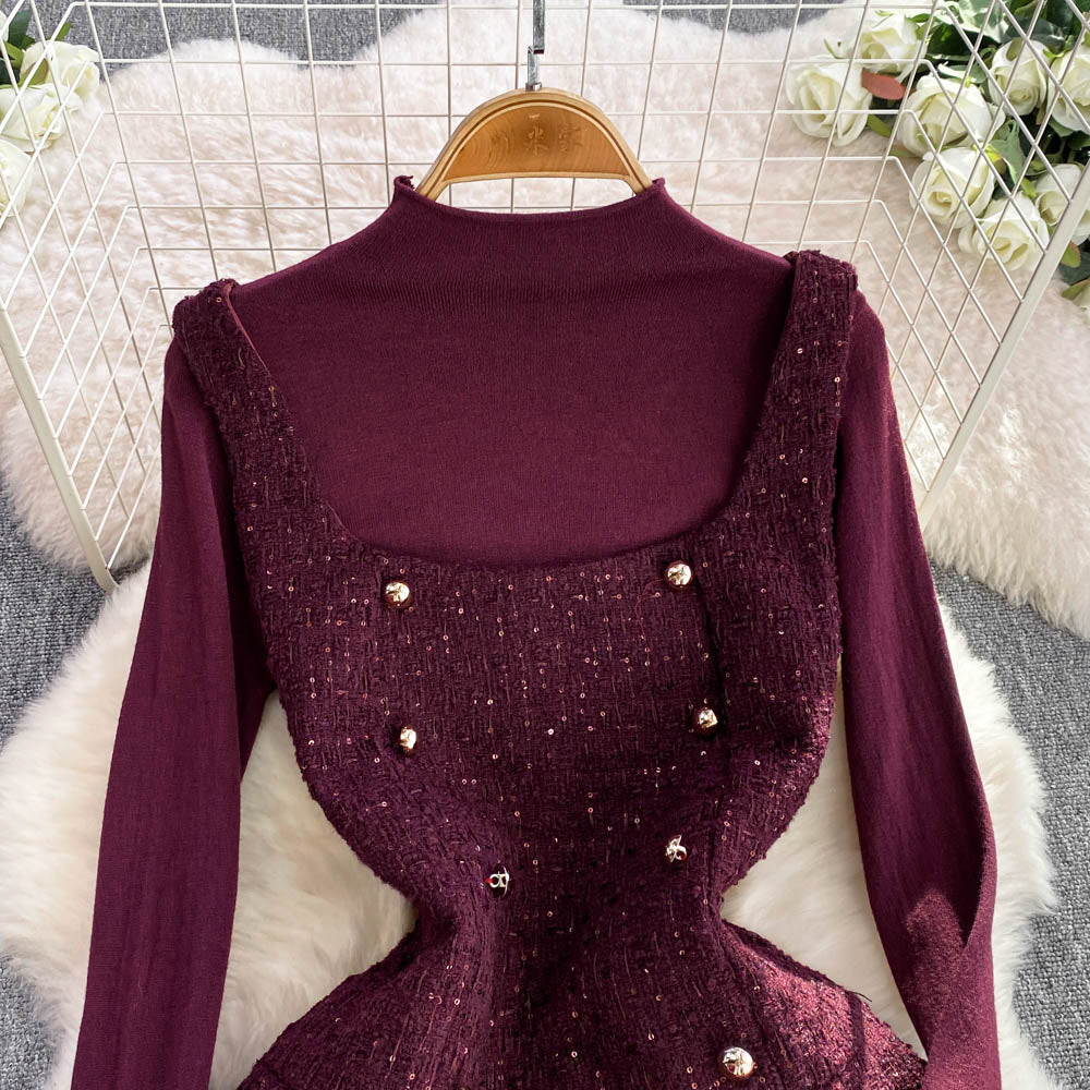 Sweater & Ruffled Tweed Vest Dress 2Pcs
