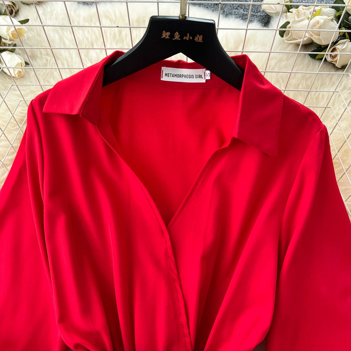 Lapeled Pleat Shirt Dress with Belt