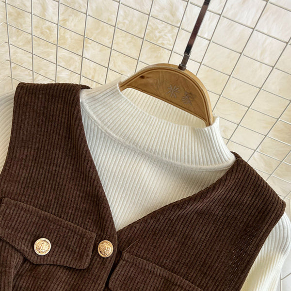 Corduroy Vest Dress&Knitwear 2Pcs