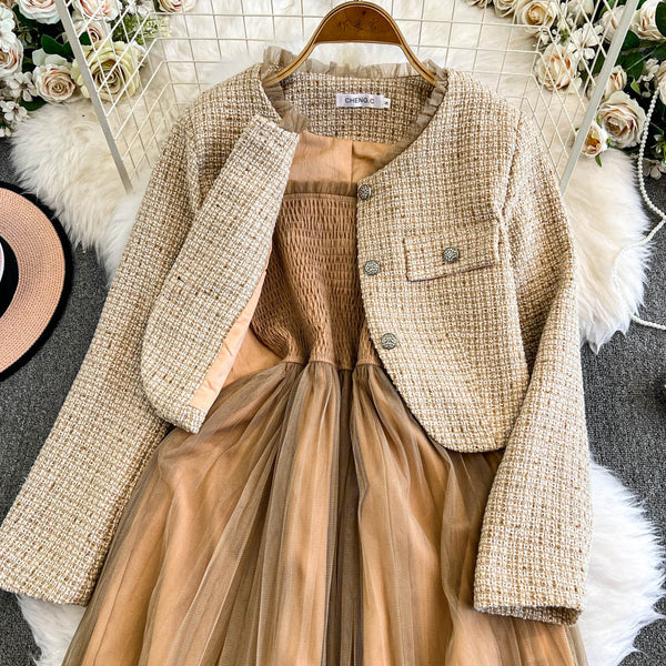 Tweed Cardigan&Mesh Slip Dress 2Pcs